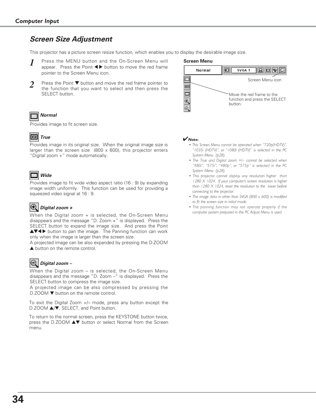 Eiki LC-SB21 owner manual Screen Size Adjustment 