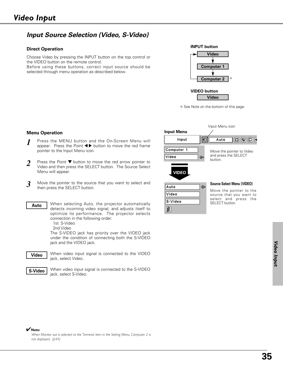 Eiki LC-SB21 owner manual Video Input, Input Source Selection Video, S-Video, Input button Video Computer Video button 