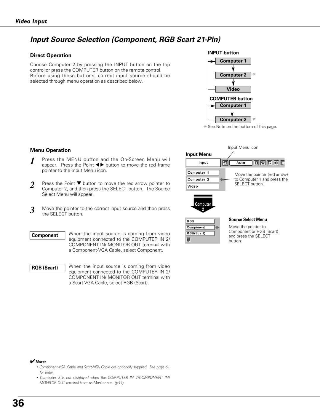 Eiki LC-SB21 owner manual Input Source Selection Component, RGB Scart 21-Pin, Input button Computer Video Computer button 