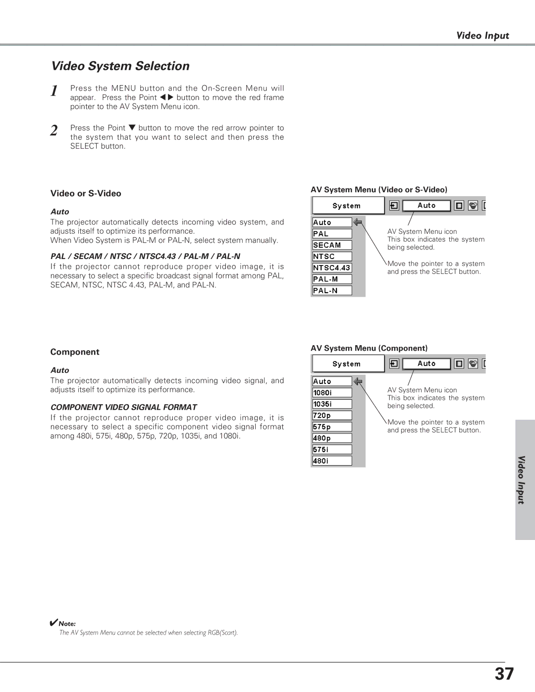 Eiki LC-SB21 owner manual Video System Selection, Auto, AV System Menu Video or S-Video, AV System Menu Component 