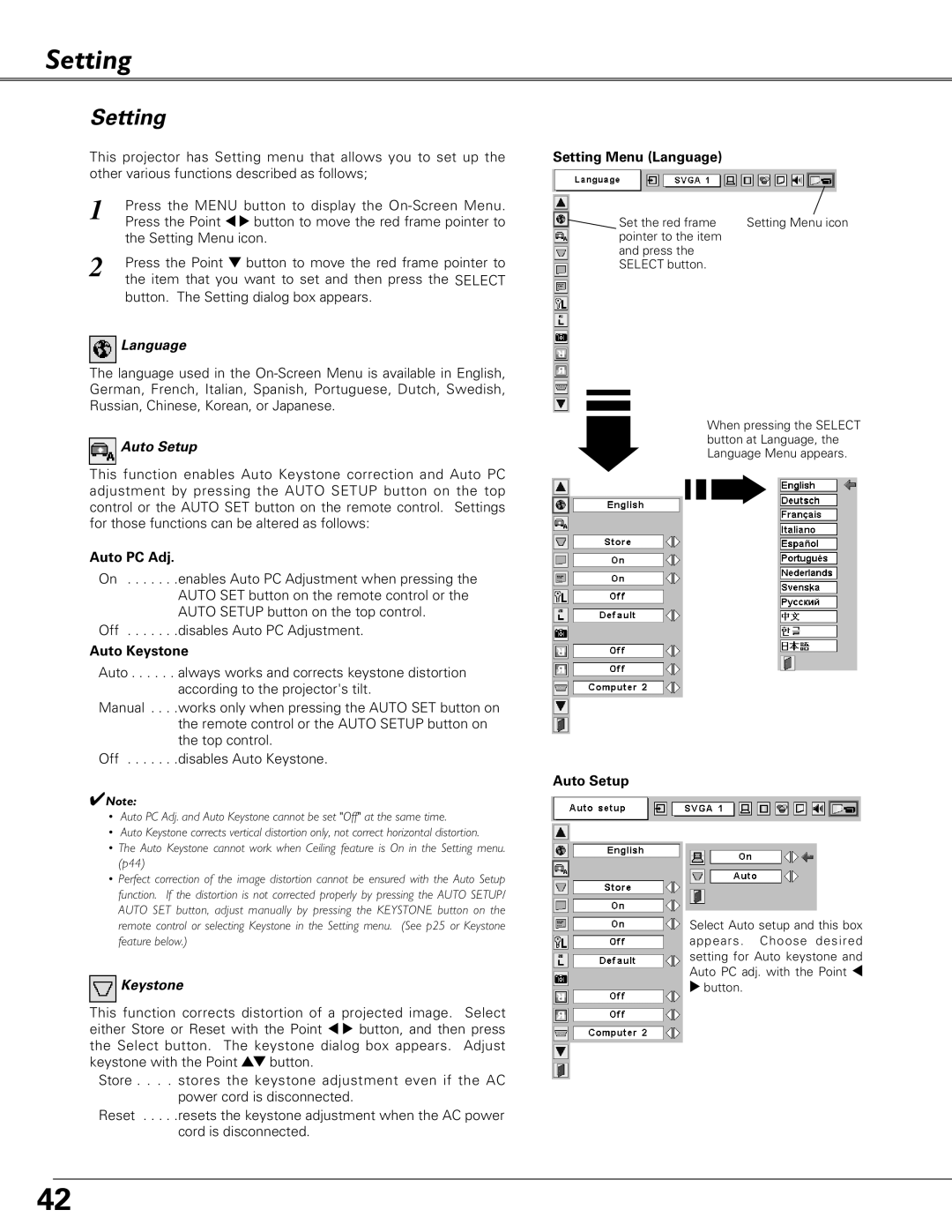 Eiki LC-SB21 owner manual Setting, Language, Auto Setup, Keystone 