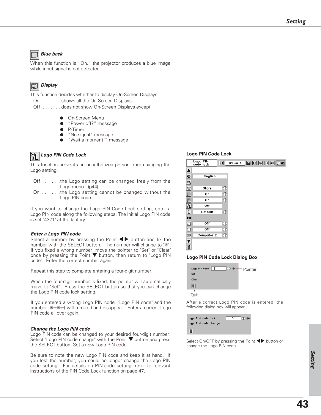 Eiki LC-SB21 owner manual Setting 