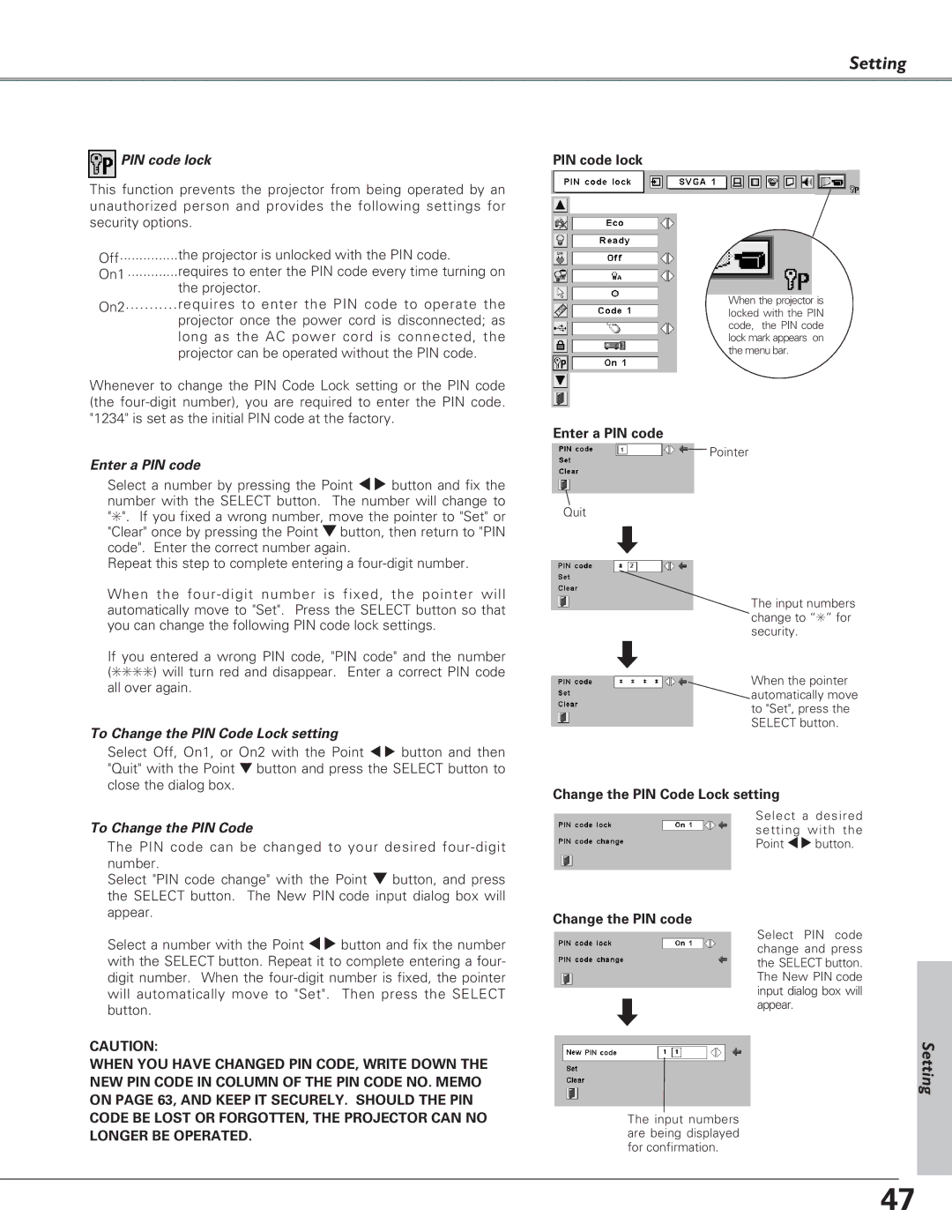 Eiki LC-SB21 owner manual PIN code lock, To Change the PIN Code Lock setting 