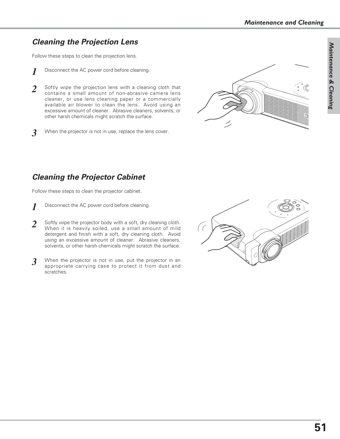 Eiki LC-SB21 owner manual Cleaning the Projection Lens, Cleaning the Projector Cabinet, Maintenance & Cleaning 