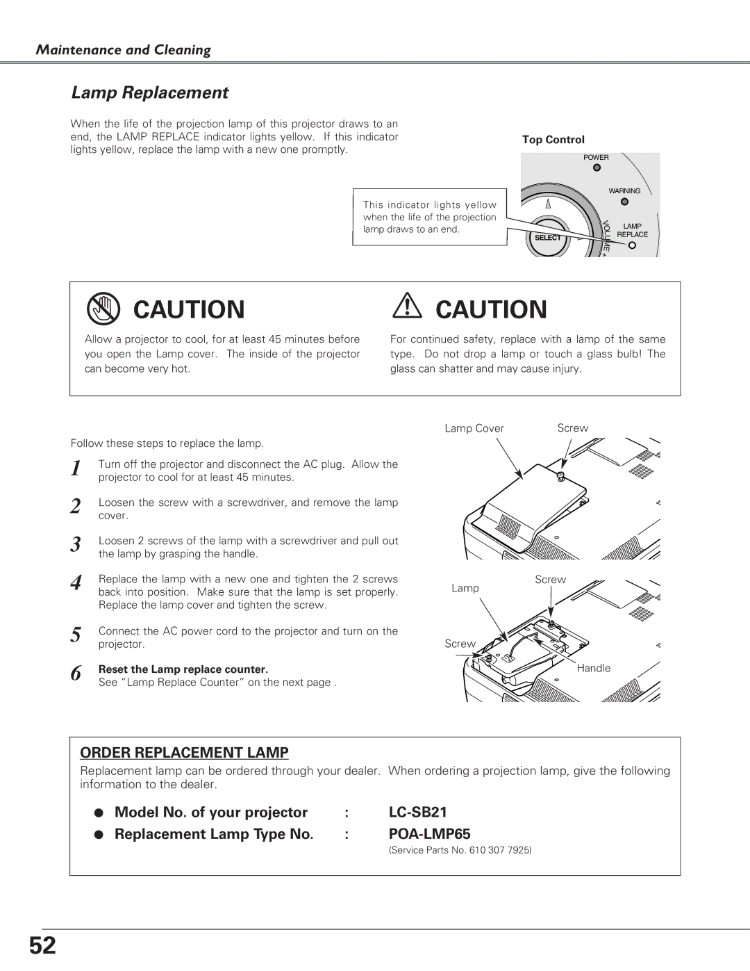 Eiki LC-SB21 owner manual Lamp Replacement, Reset the Lamp replace counter 