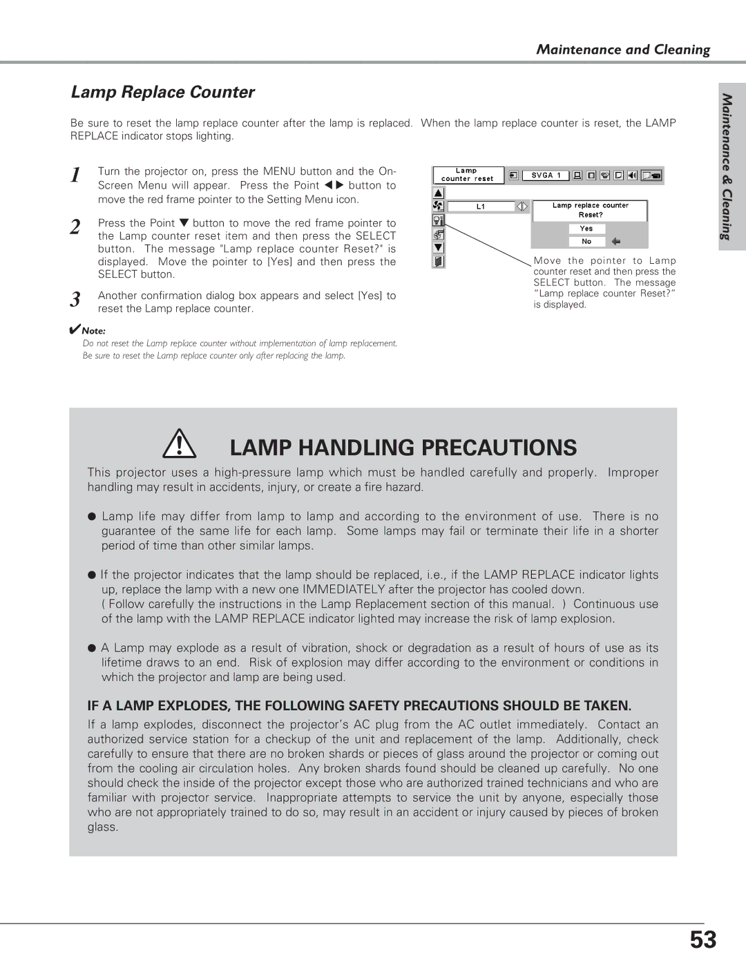 Eiki LC-SB21 owner manual Lamp Replace Counter, When the lamp replace counter is reset, the Lamp 