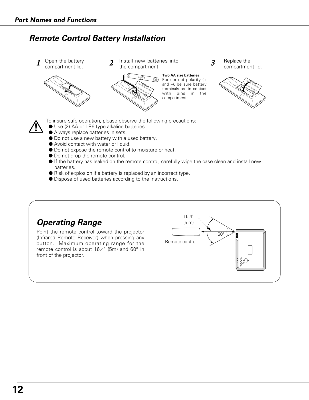 Eiki LC-SB22 owner manual Remote Control Battery Installation, Operating Range 