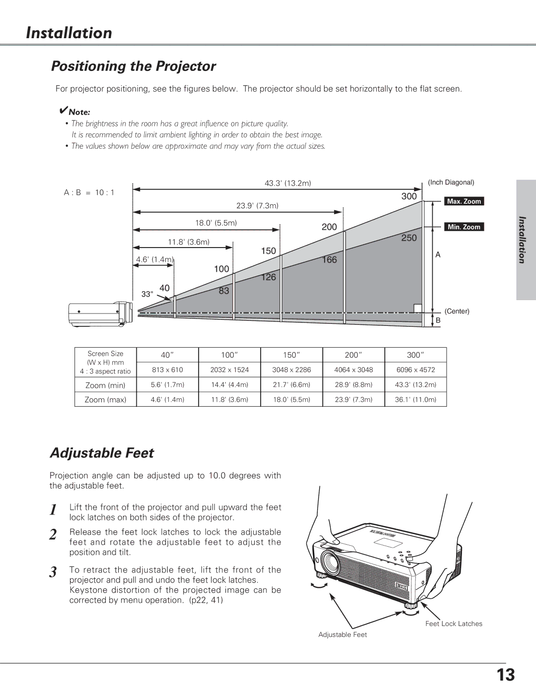 Eiki LC-SB22 owner manual Installation, Positioning the Projector, Adjustable Feet 