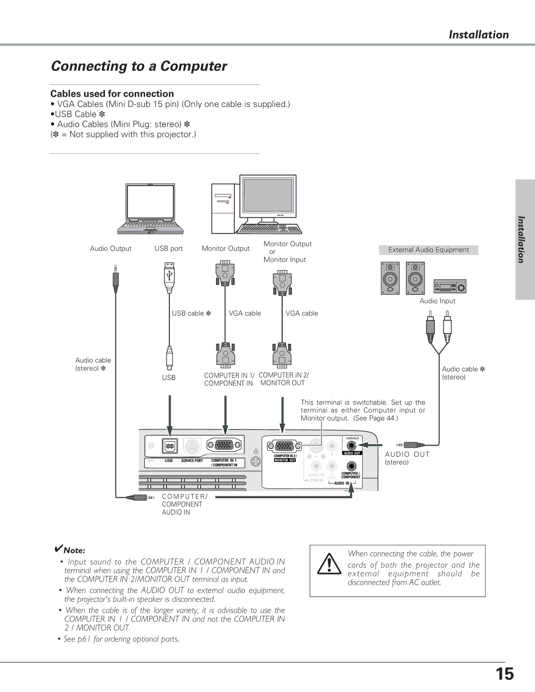 Eiki LC-SB22 owner manual Connecting to a Computer, Cables used for connection 