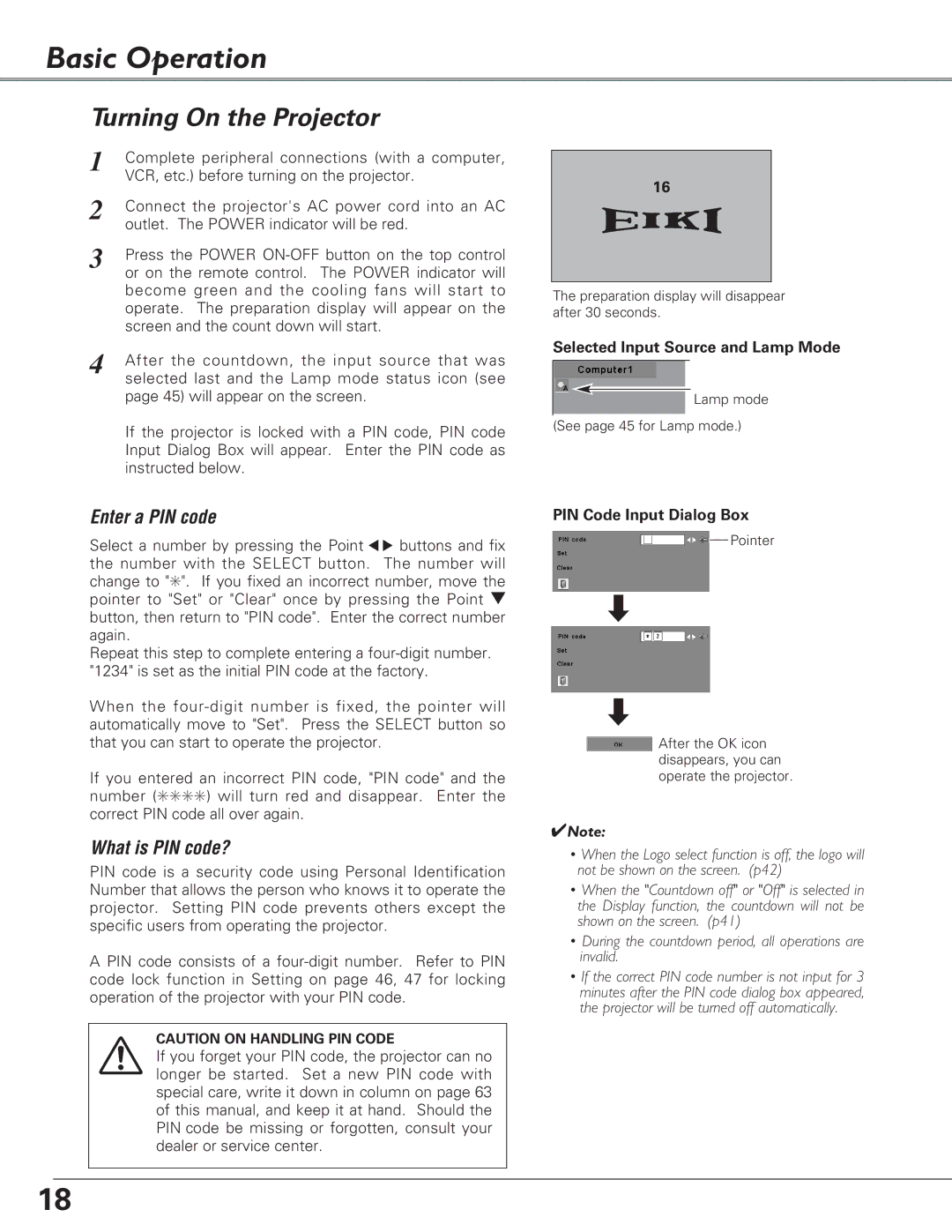 Eiki LC-SB22 Basic Operation, Turning On the Projector, Selected Input Source and Lamp Mode, PIN Code Input Dialog Box 