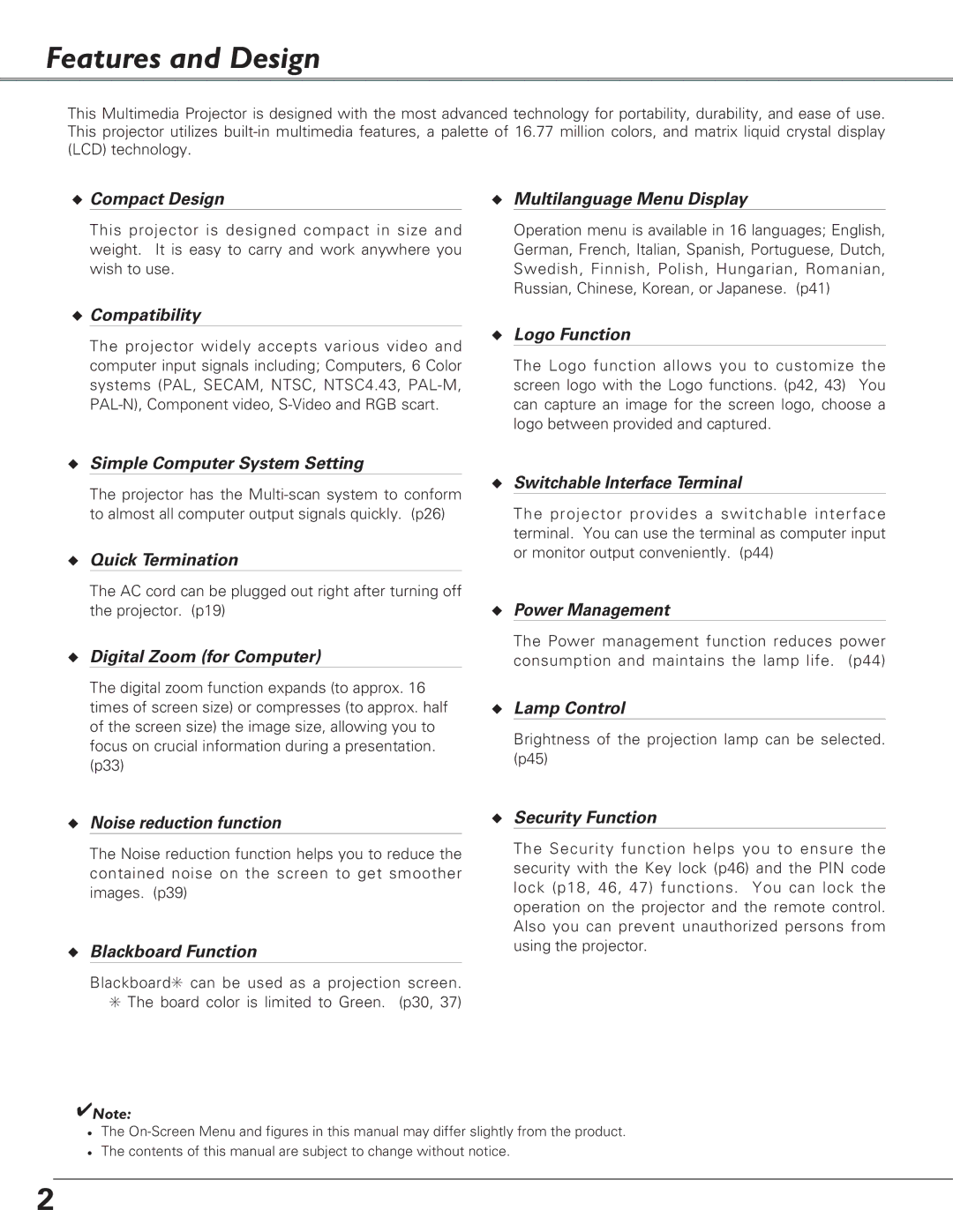 Eiki LC-SB22 owner manual Features and Design, Compact Design Multilanguage Menu Display 