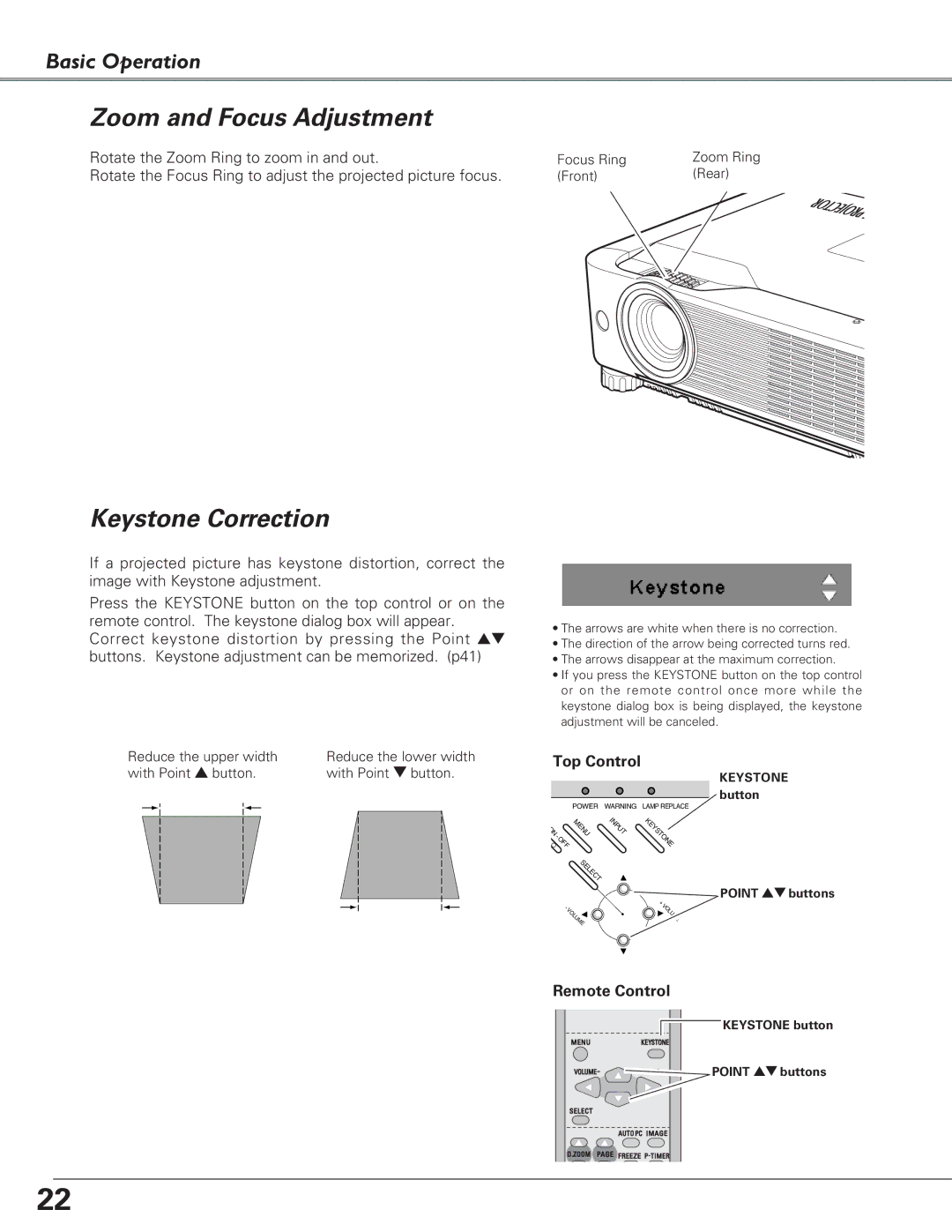 Eiki LC-SB22 owner manual Zoom and Focus Adjustment, Keystone Correction 