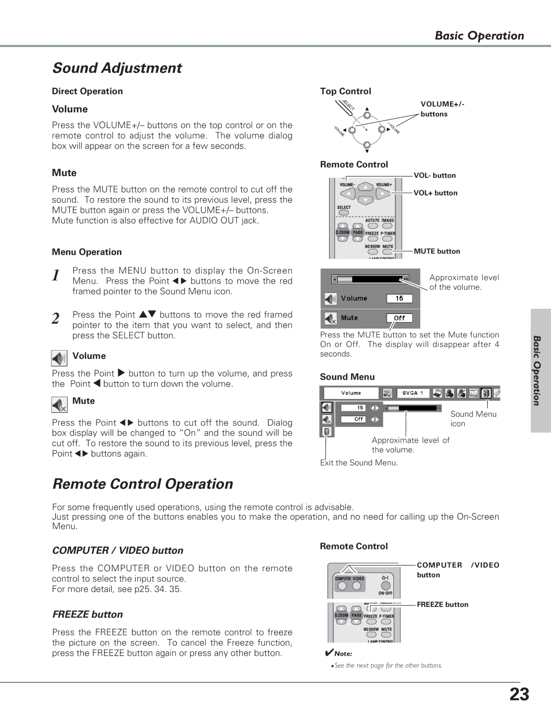 Eiki LC-SB22 owner manual Sound Adjustment, Remote Control Operation 