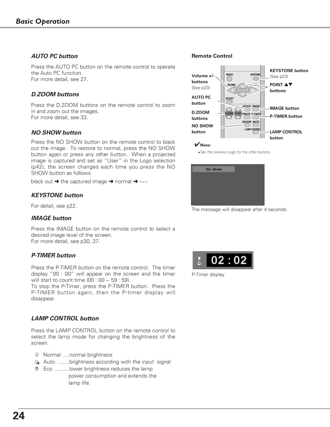 Eiki LC-SB22 owner manual Keystone button 