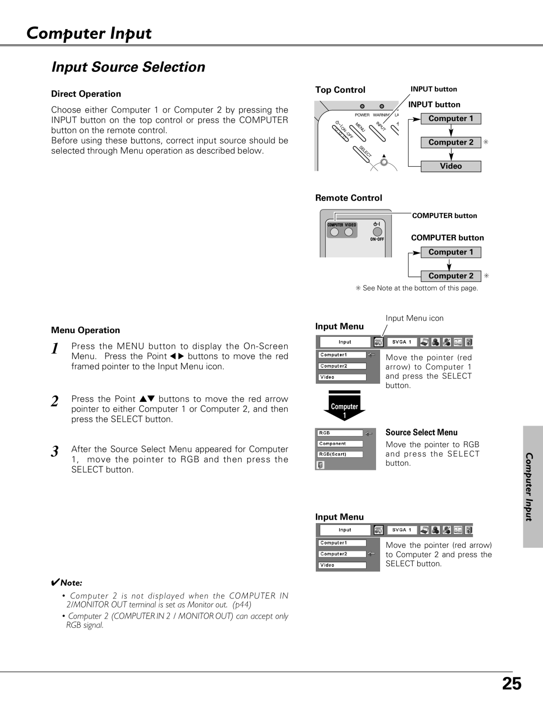 Eiki LC-SB22 owner manual Computer Input, Input Source Selection, Input Menu, Source Select Menu 