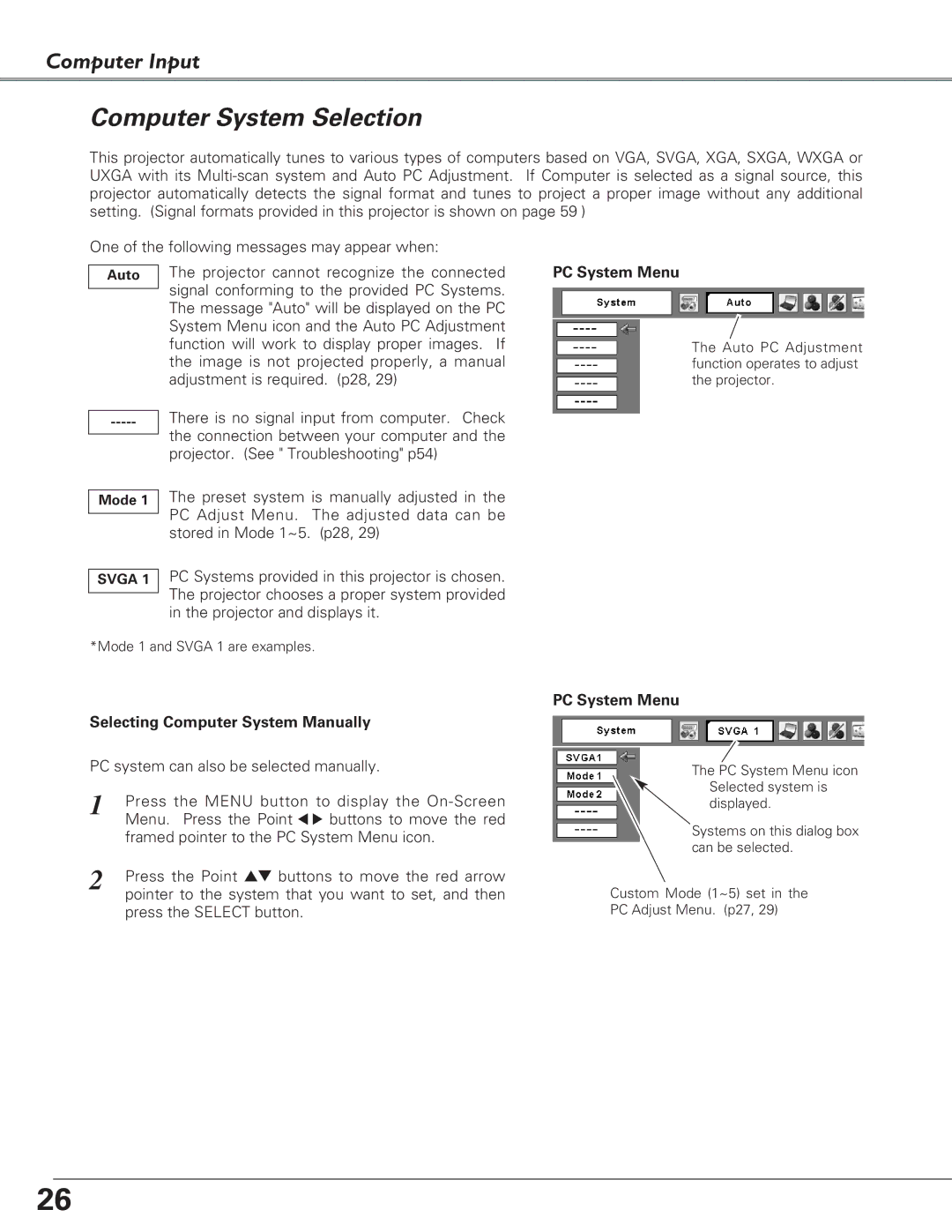 Eiki LC-SB22 owner manual Computer System Selection, Selecting Computer System Manually 