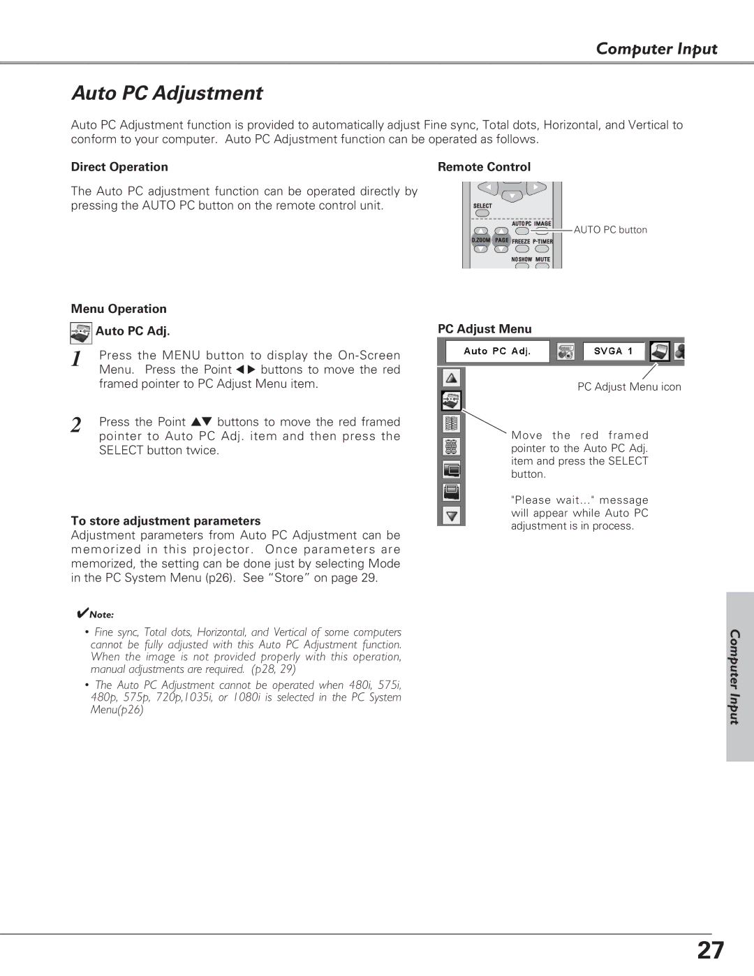 Eiki LC-SB22 owner manual Auto PC Adjustment, Menu Operation Auto PC Adj, To store adjustment parameters, PC Adjust Menu 