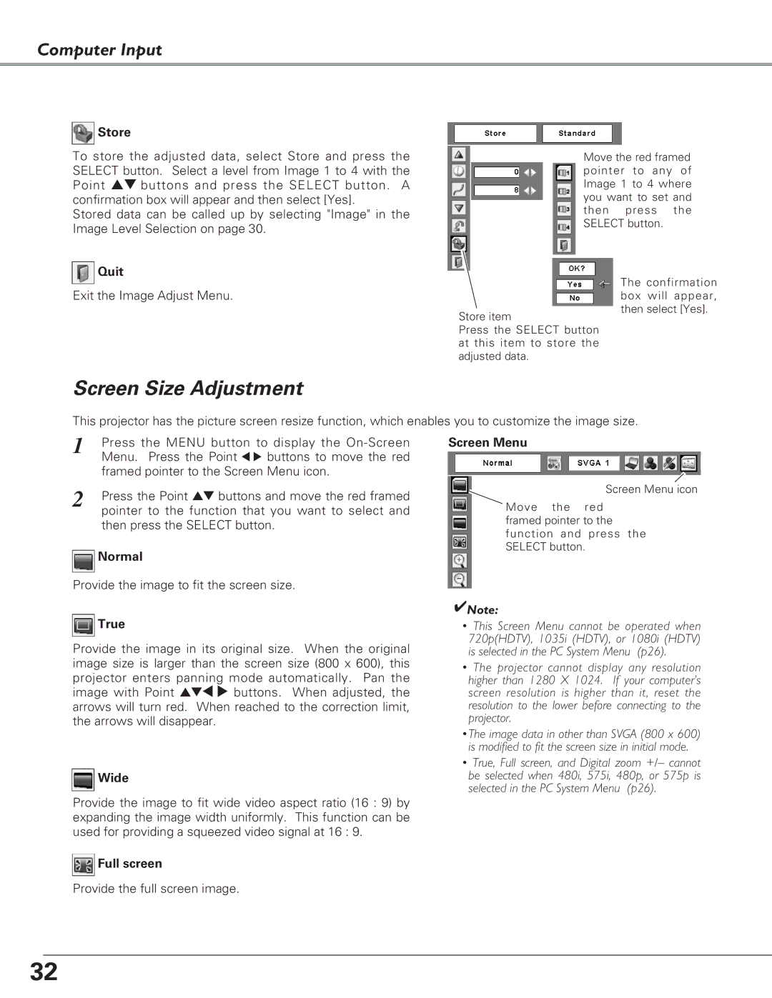 Eiki LC-SB22 owner manual Screen Size Adjustment 