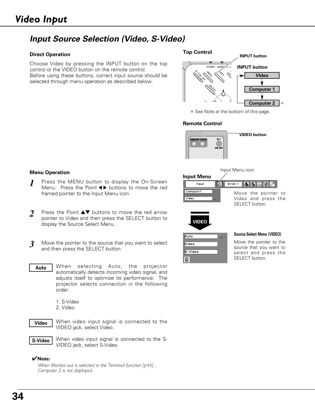 Eiki LC-SB22 owner manual Video Input, Input Source Selection Video, S-Video 