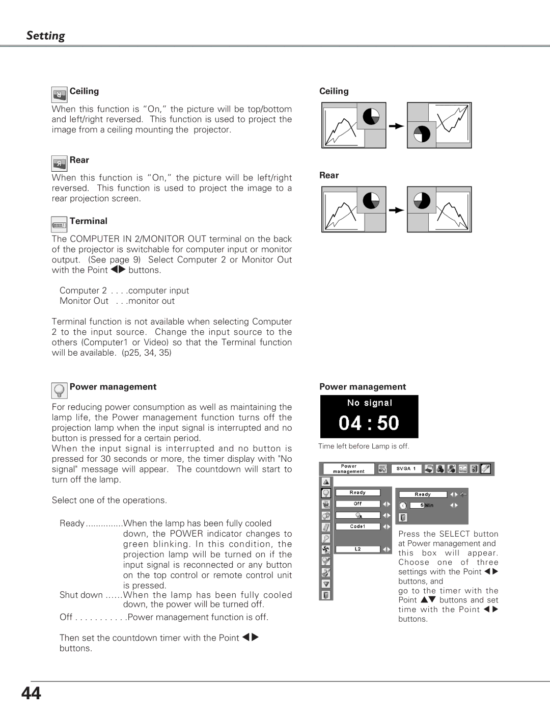 Eiki LC-SB22 owner manual Ceiling, Rear, Terminal, Power management 