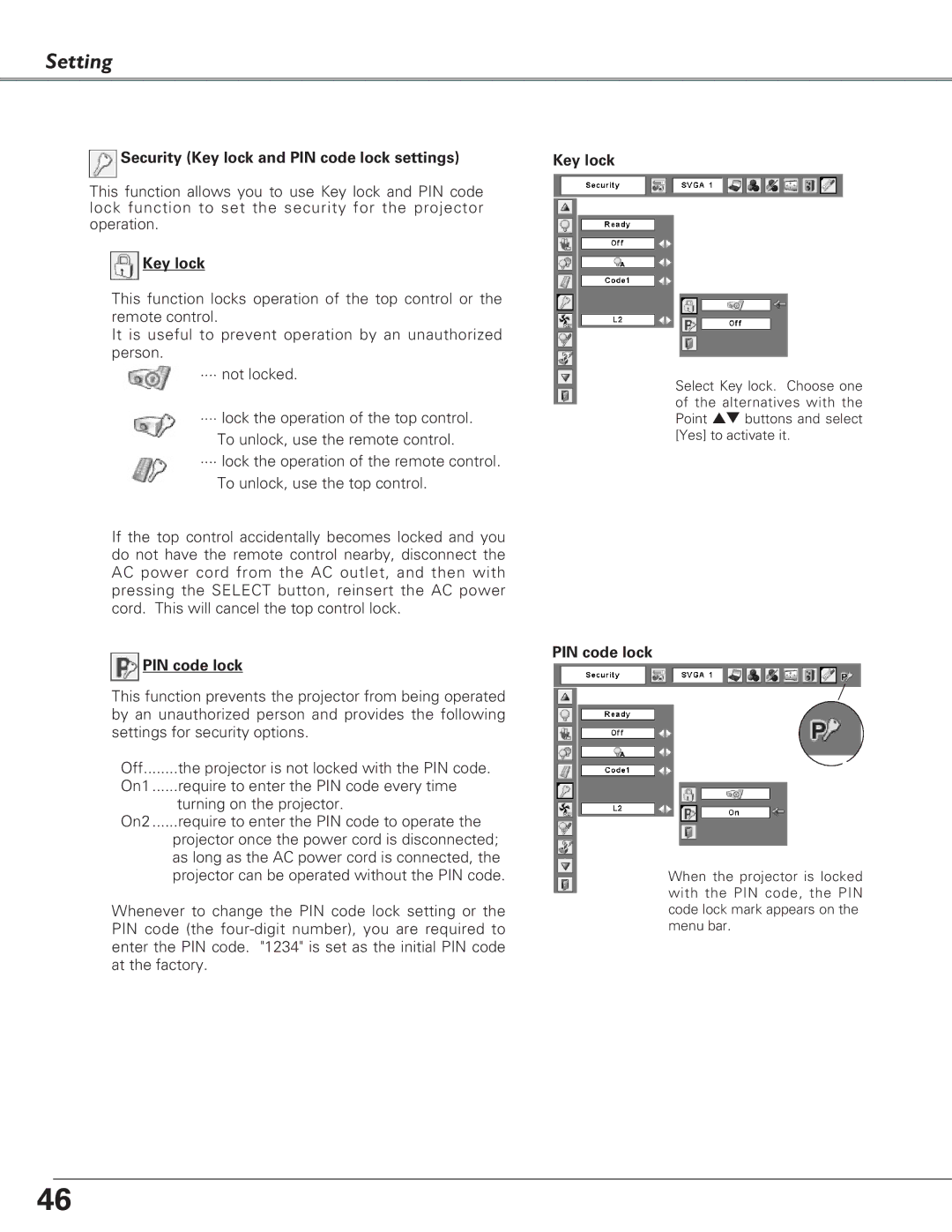 Eiki LC-SB22 owner manual Security Key lock and PIN code lock settings 