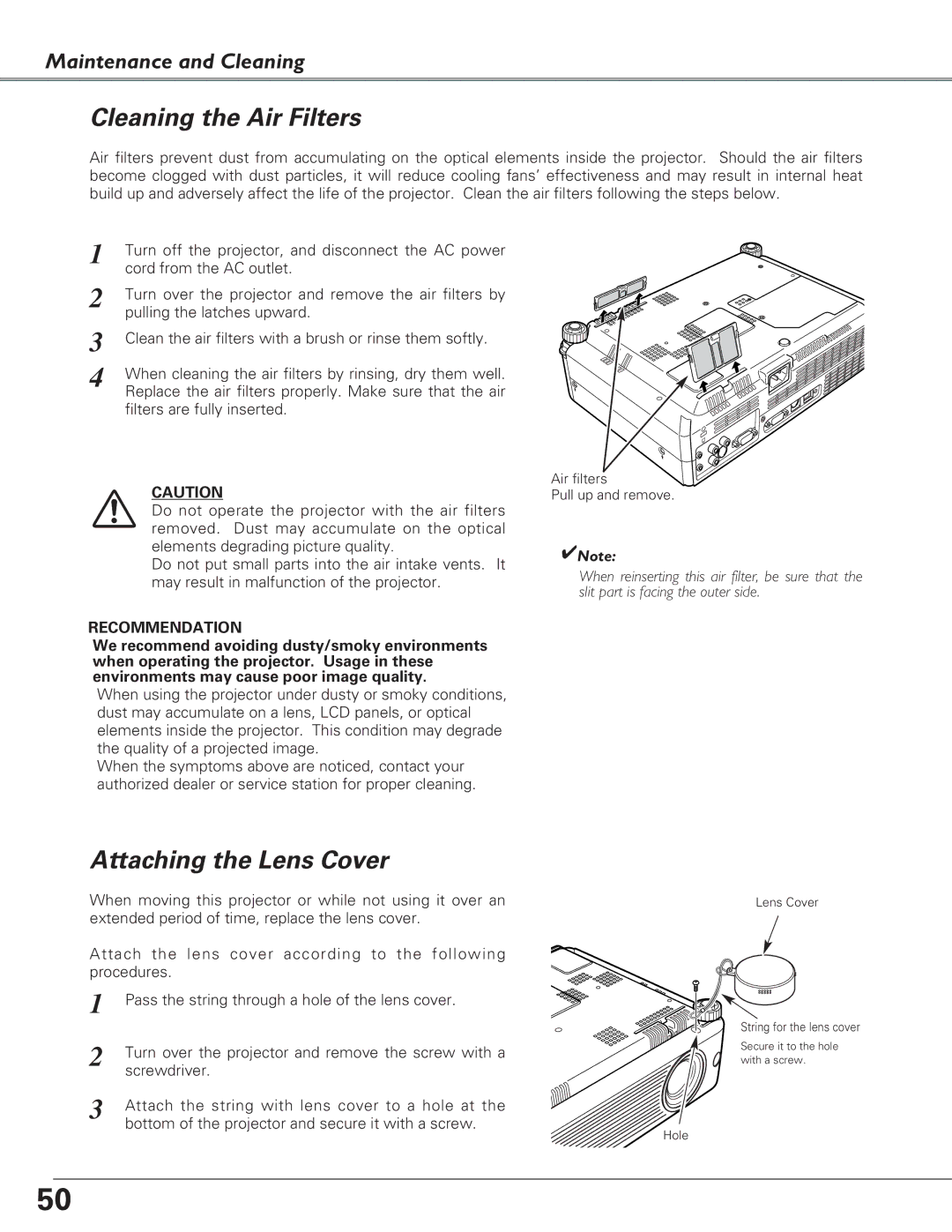 Eiki LC-SB22 owner manual Cleaning the Air Filters, Attaching the Lens Cover 