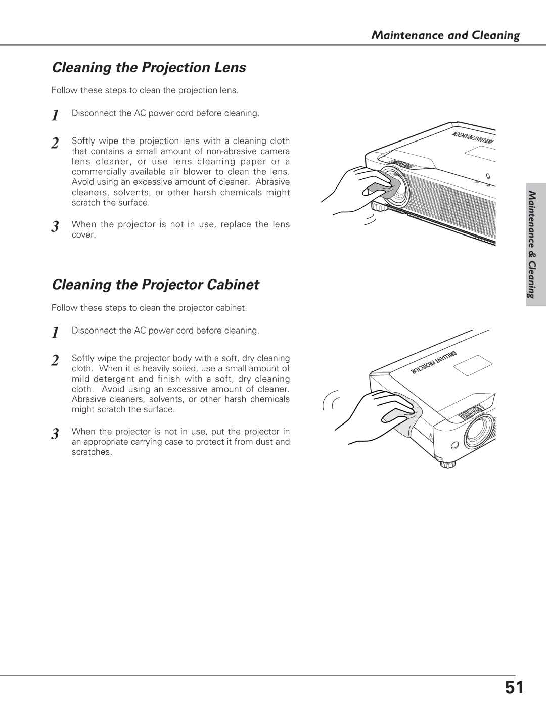 Eiki LC-SB22 owner manual Cleaning the Projection Lens, Cleaning the Projector Cabinet 