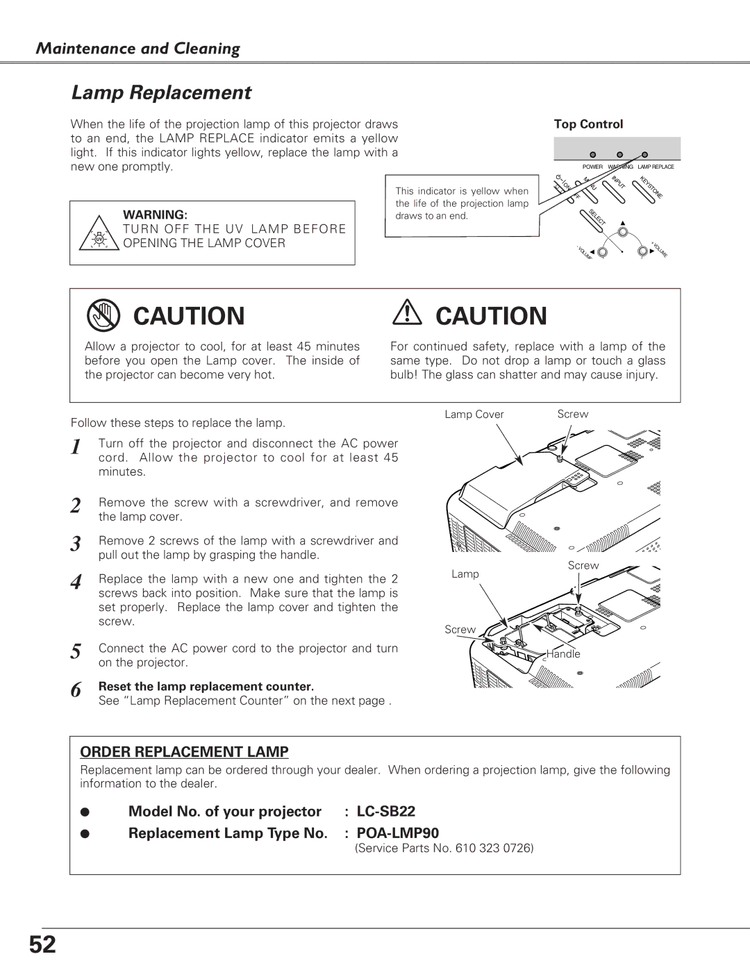 Eiki LC-SB22 owner manual Lamp Replacement, Reset the lamp replacement counter 