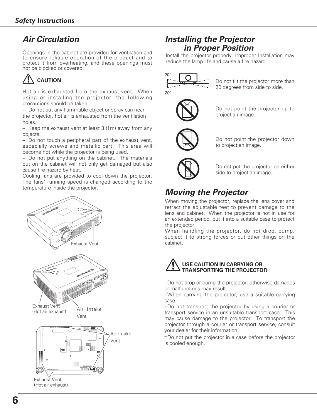 Eiki LC-SB22 owner manual Air Circulation, Installing the Projector in Proper Position, Moving the Projector 