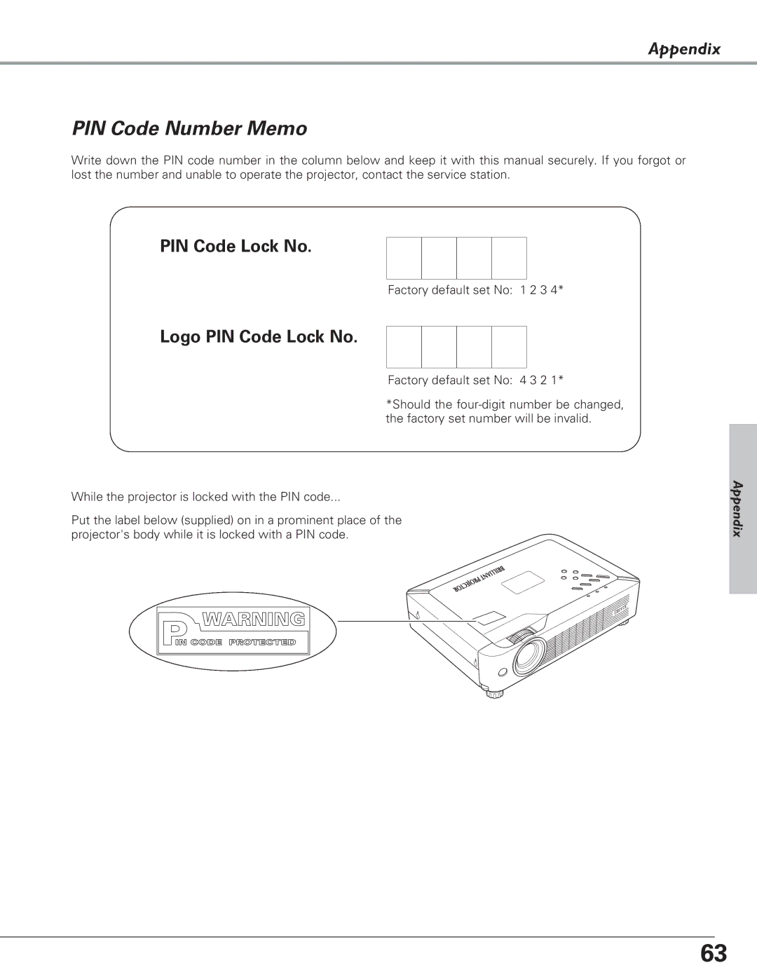 Eiki LC-SB22 owner manual PIN Code Number Memo, Logo PIN Code Lock No 