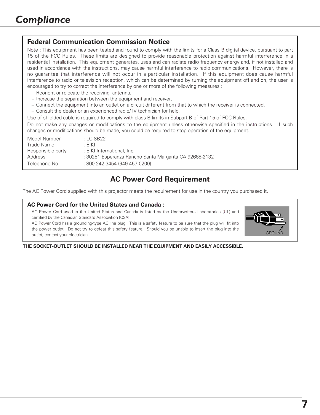 Eiki LC-SB22 owner manual Compliance, Federal Communication Commission Notice 