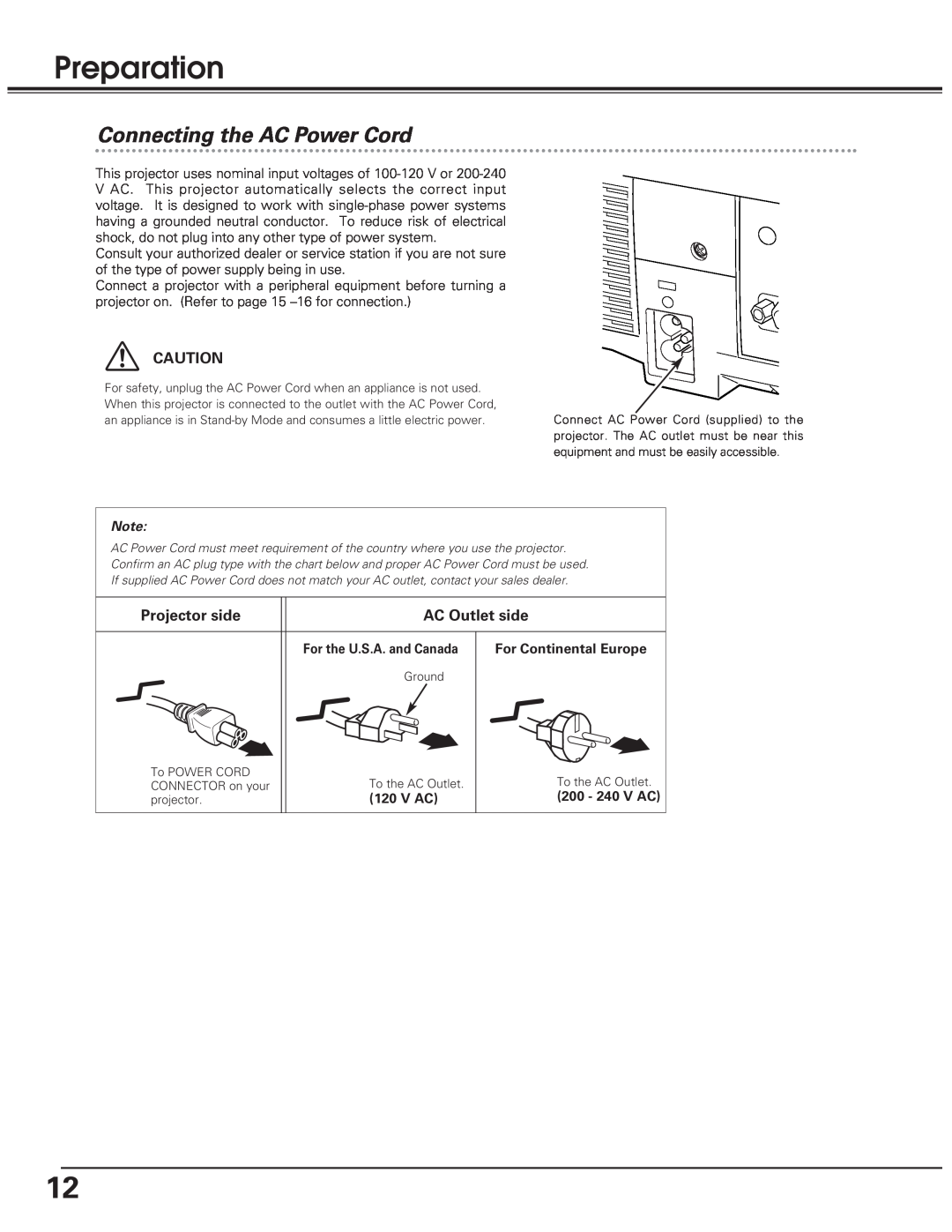 Eiki LC-SD10 owner manual Preparation, Connecting the AC Power Cord, Projector side, AC Outlet side 