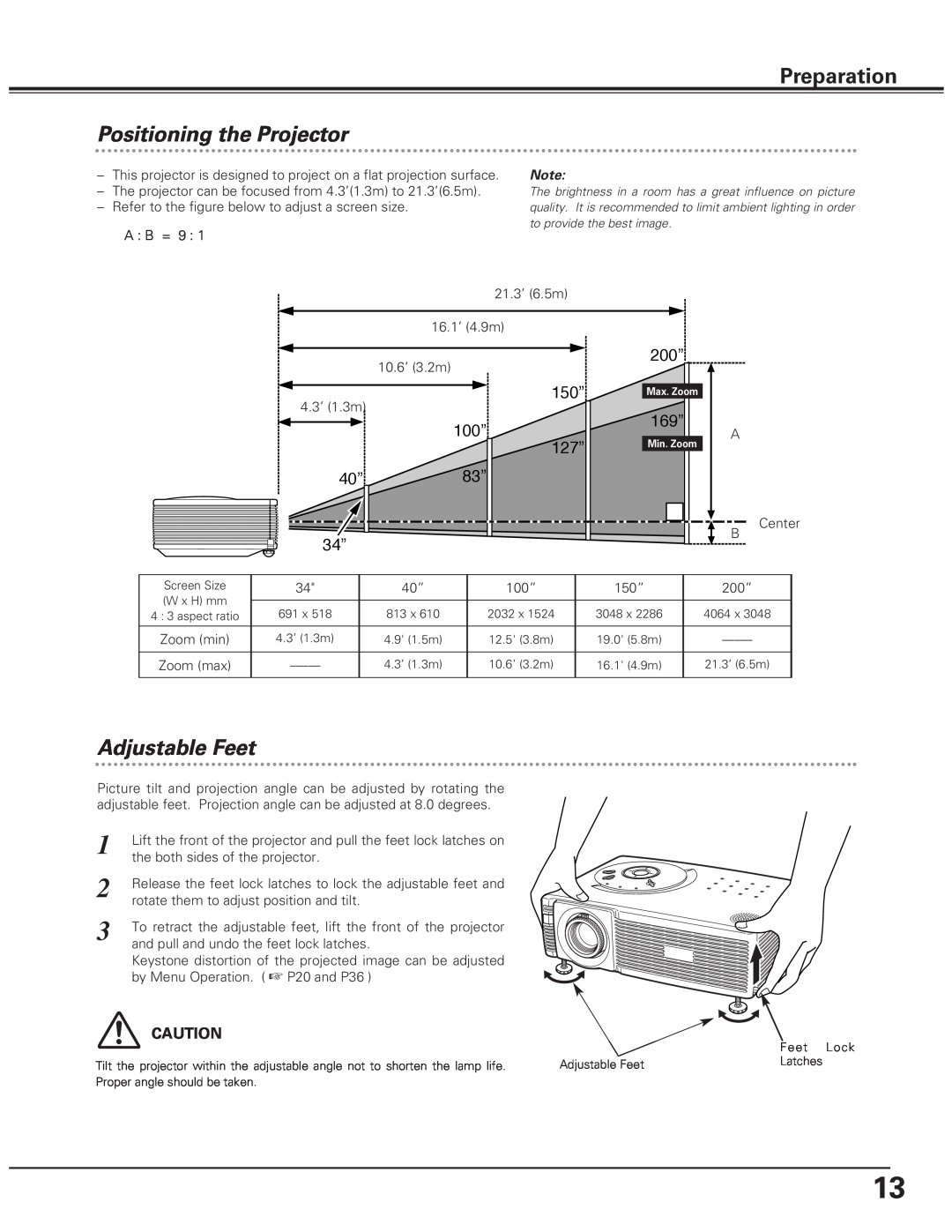 Eiki LC-SD10 owner manual Preparation, Positioning the Projector, Adjustable Feet, 200”, 169”, 150”, 100”, 127” 