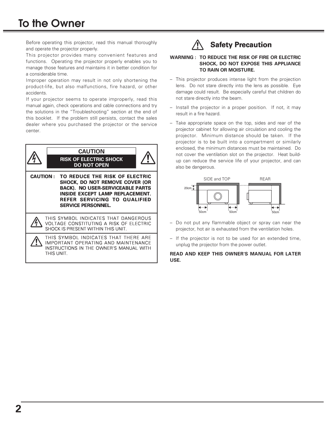 Eiki LC-SD10 owner manual To the Owner, Safety Precaution, Risk Of Electric Shock Do Not Open 