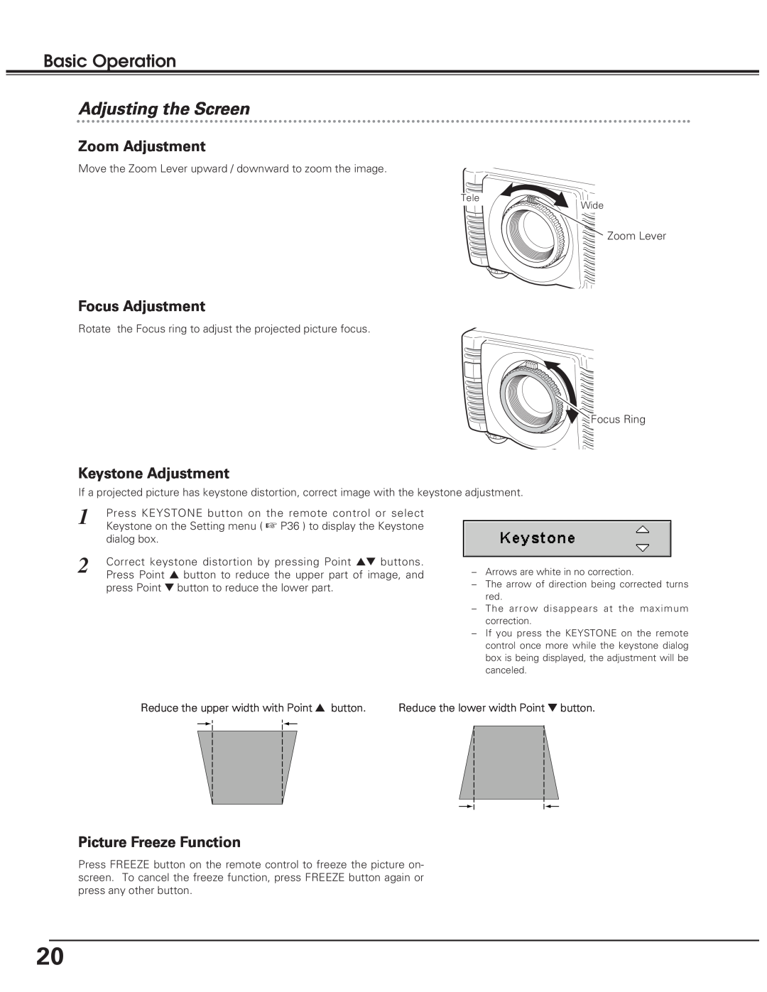 Eiki LC-SD10 owner manual Basic Operation, Adjusting the Screen, Zoom Adjustment, Focus Adjustment, Keystone Adjustment 