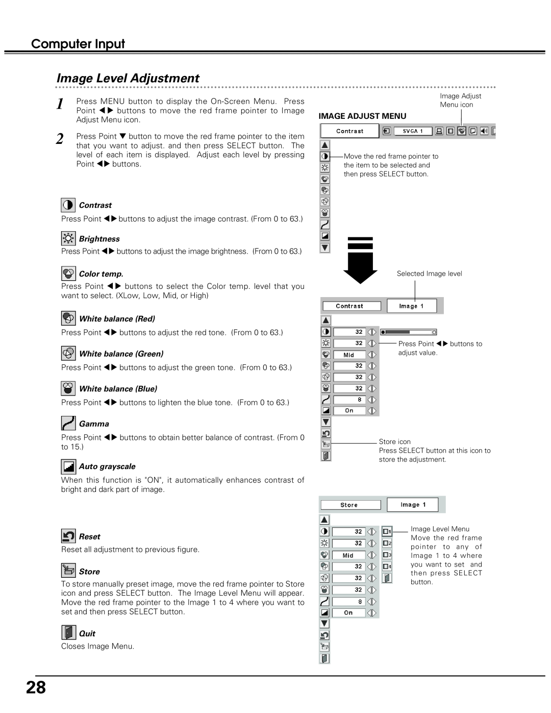 Eiki LC-SD10 owner manual Image Level Adjustment, Computer Input, Image Adjust Menu 