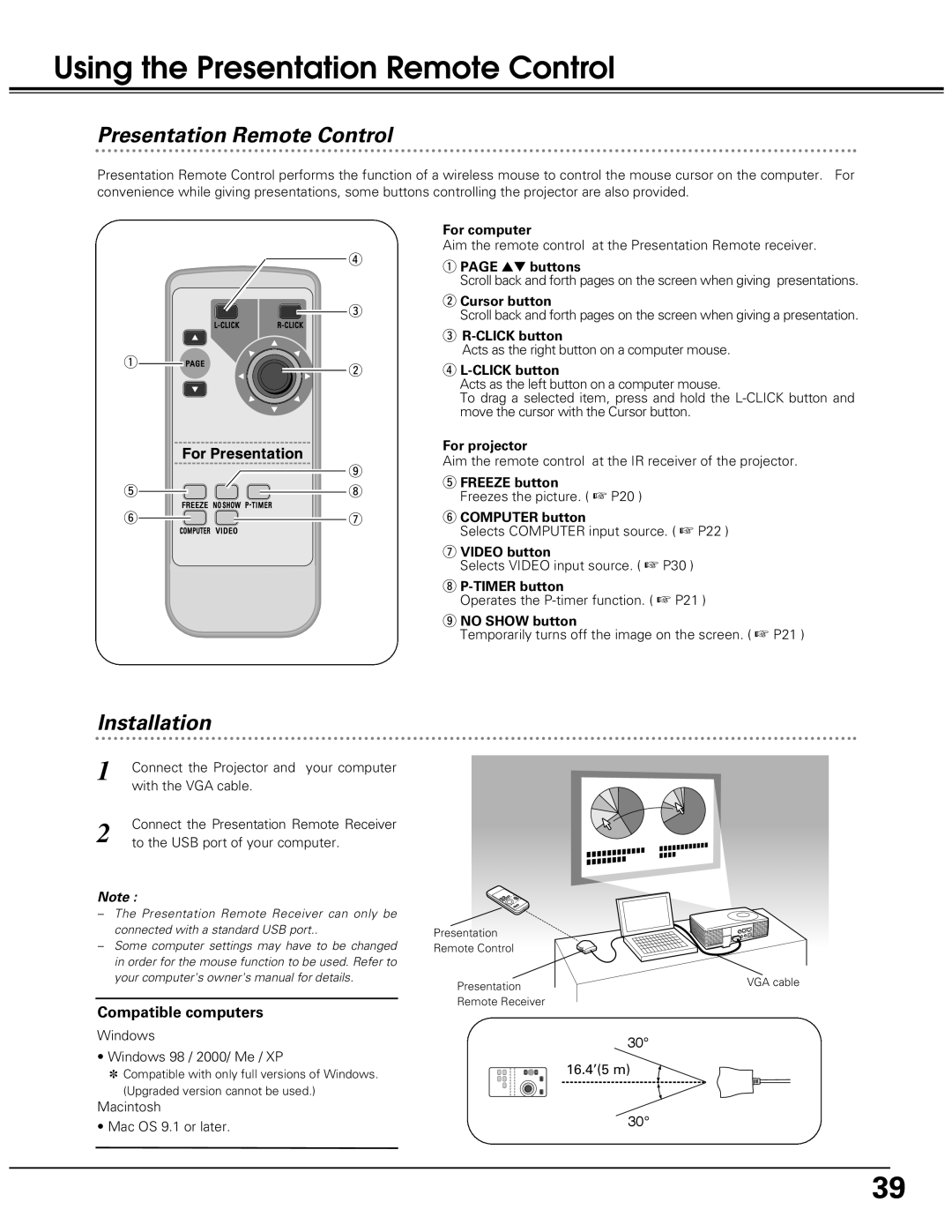 Eiki LC-SD10 owner manual Using the Presentation Remote Control, Installation, Compatible computers 