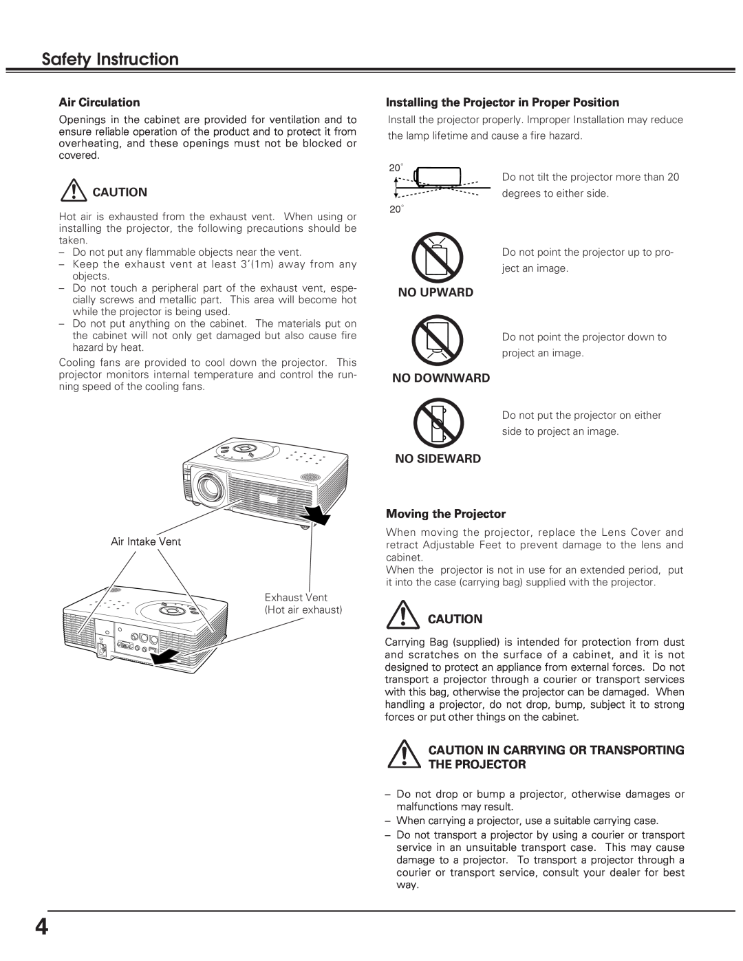 Eiki LC-SD10 Safety Instruction, Air Circulation, Installing the Projector in Proper Position, No Upward, No Downward 