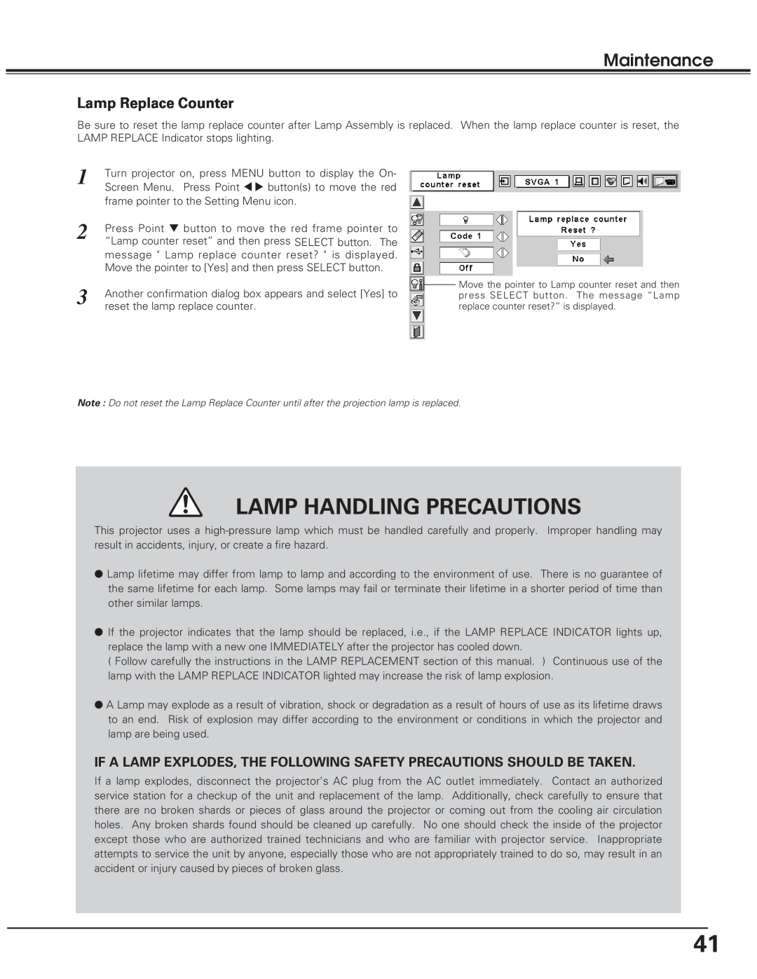Eiki LC-SD10 owner manual Maintenance, Lamp Replace Counter, Lamp Handling Precautions 