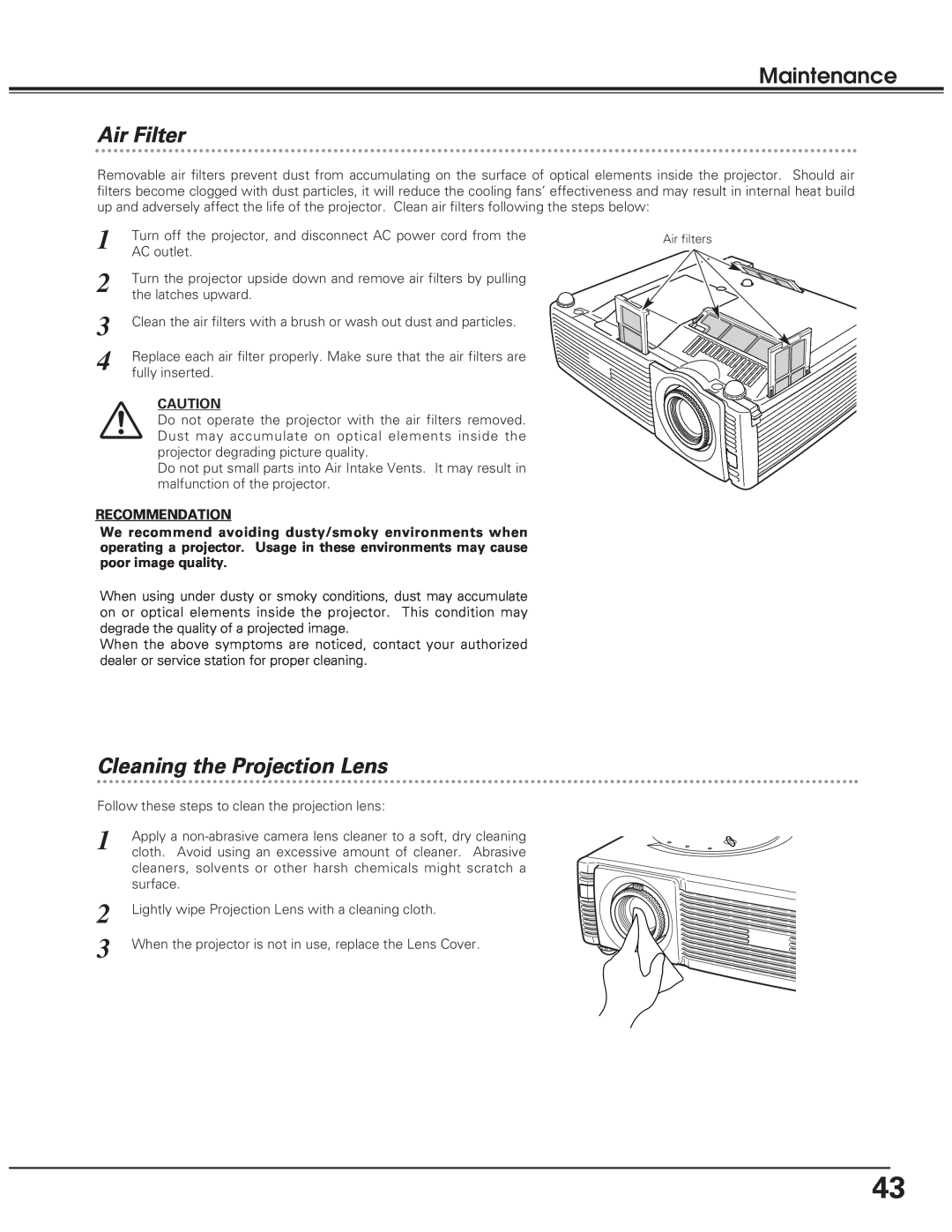 Eiki LC-SD10 owner manual Air Filter, Cleaning the Projection Lens, Maintenance, Recommendation 