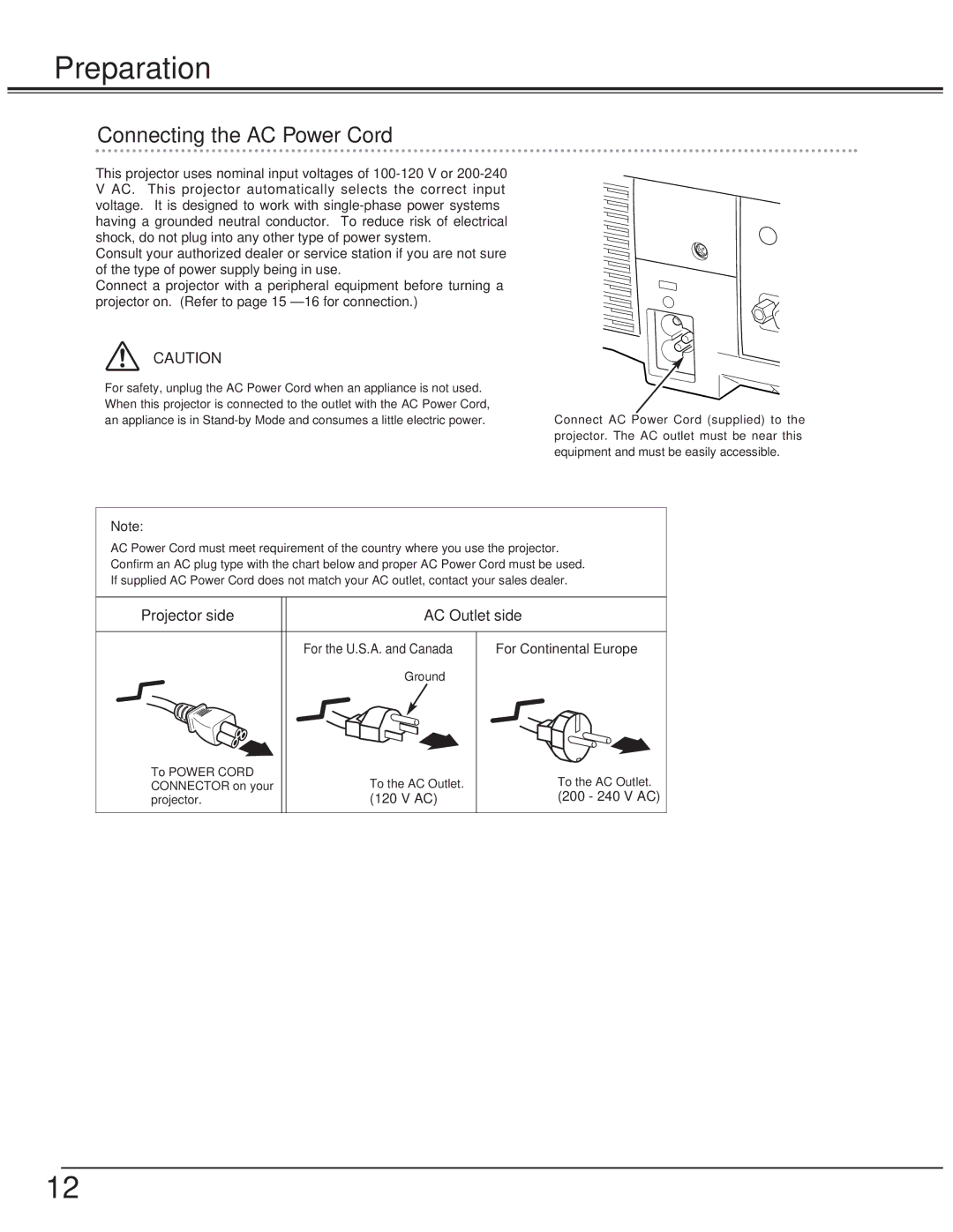 Eiki LC-SD10 owner manual Preparation, Connecting the AC Power Cord, Projector side AC Outlet side 