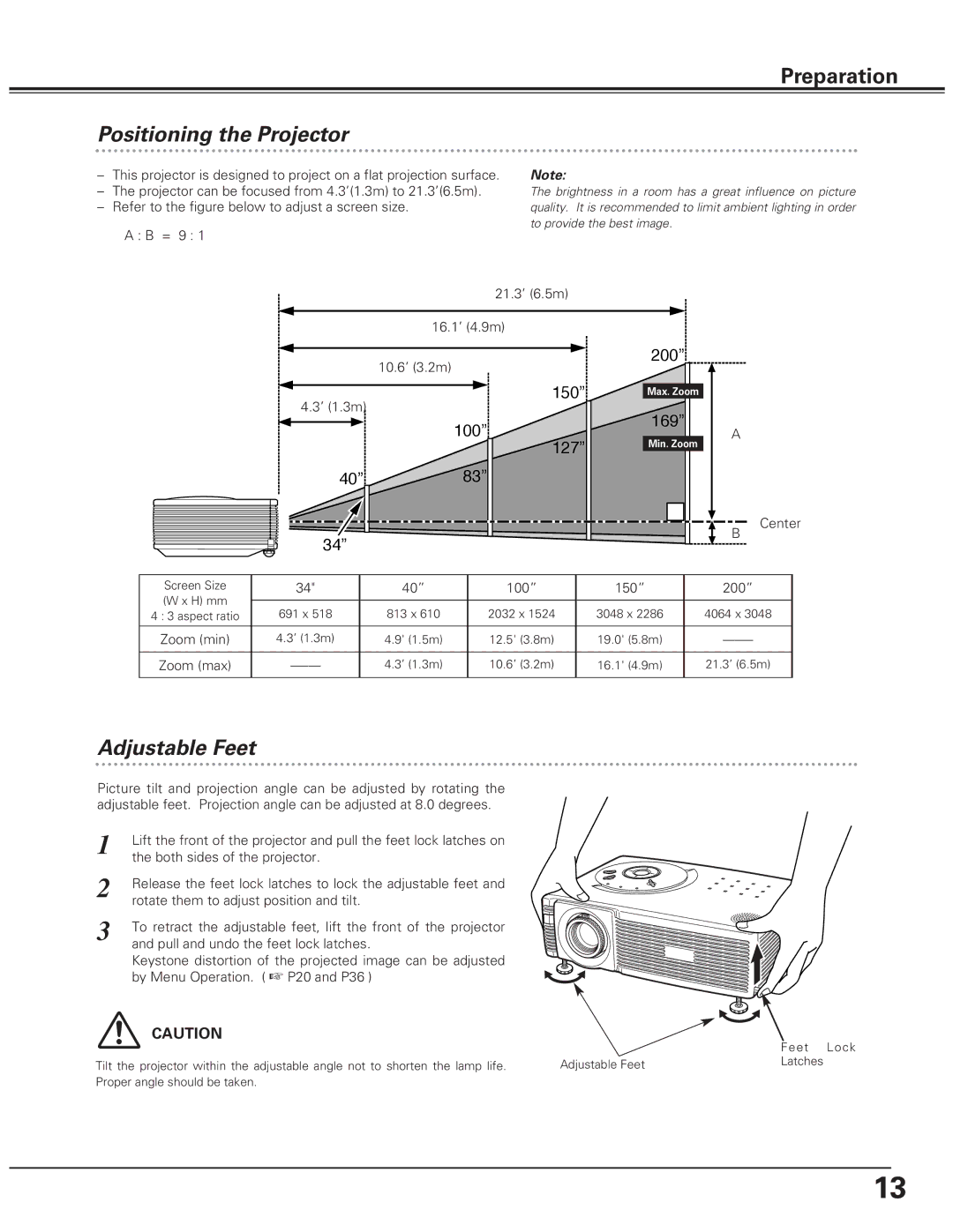 Eiki LC-SD10 owner manual Positioning the Projector, Adjustable Feet 