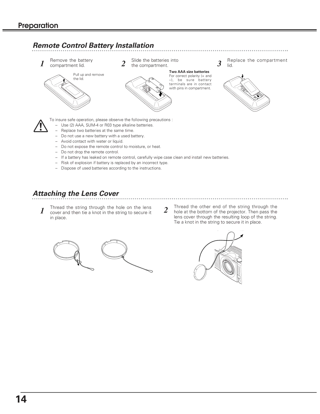 Eiki LC-SD10 Remote Control Battery Installation, Attaching the Lens Cover, Remove the battery, Compartment lid 