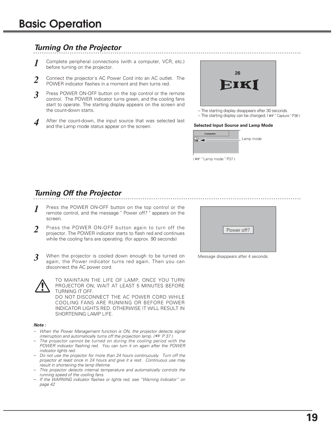 Eiki LC-SD10 owner manual Basic Operation, Turning On the Projector, Turning Off the Projector 