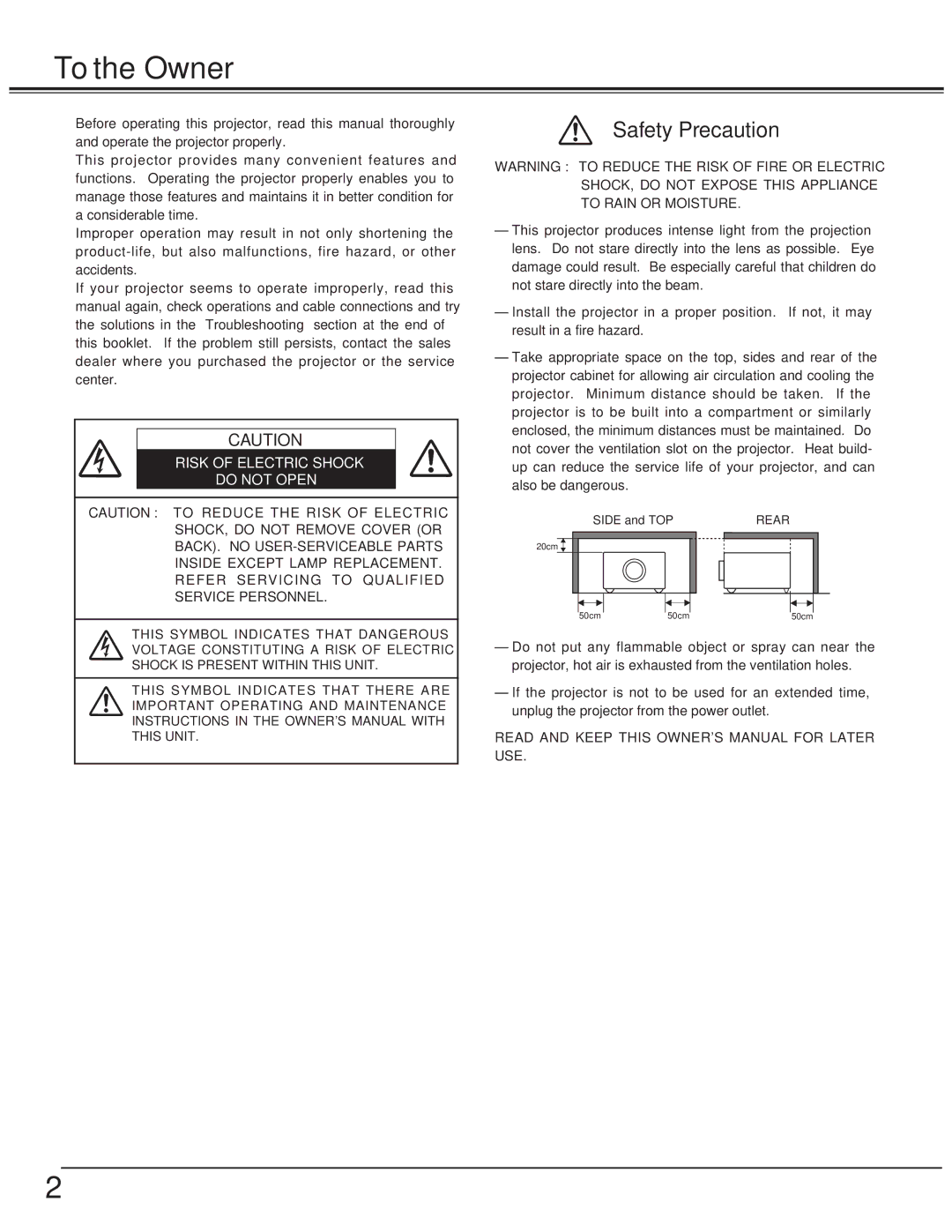 Eiki LC-SD10 owner manual To the Owner, Risk of Electric Shock Do not Open 