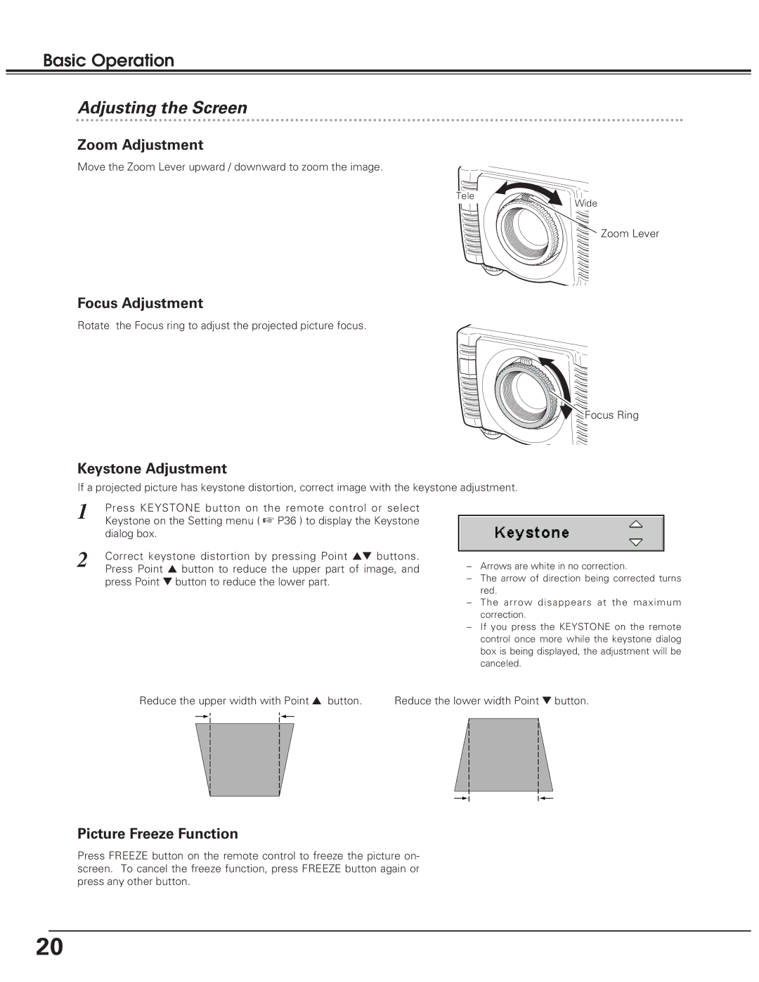 Eiki LC-SD10 Adjusting the Screen, Zoom Adjustment, Focus Adjustment, Keystone Adjustment, Picture Freeze Function 