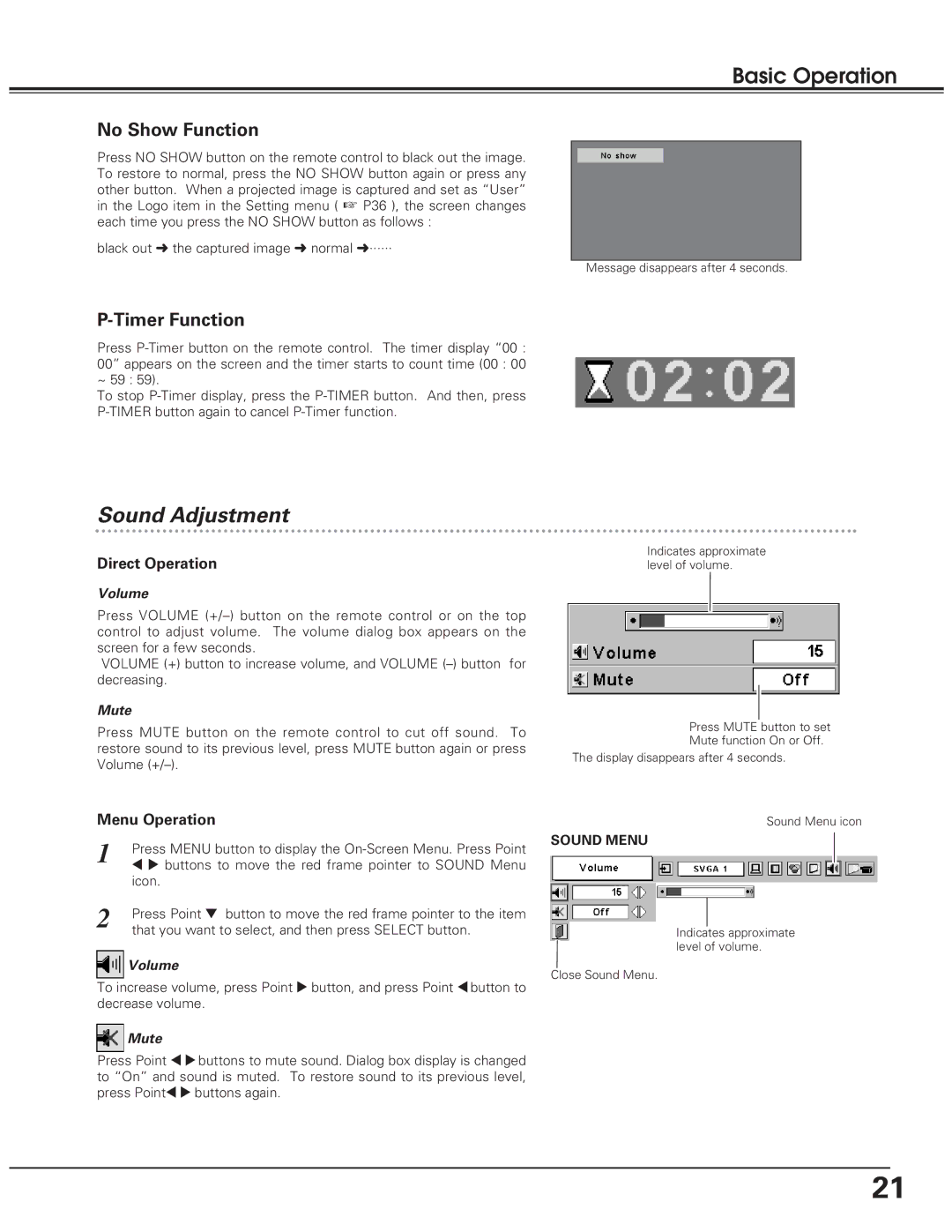 Eiki LC-SD10 owner manual Sound Adjustment, No Show Function, Timer Function, Direct Operation, Menu Operation 