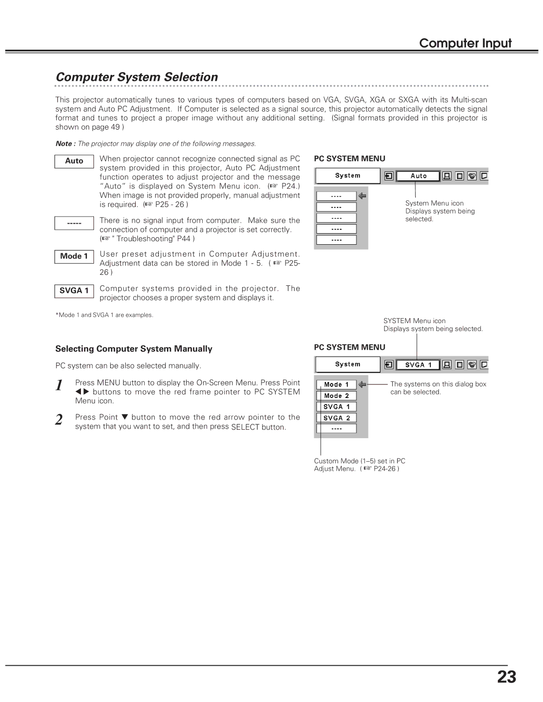 Eiki LC-SD10 owner manual Computer System Selection, Selecting Computer System Manually, Auto Mode, Svga, PC System Menu 