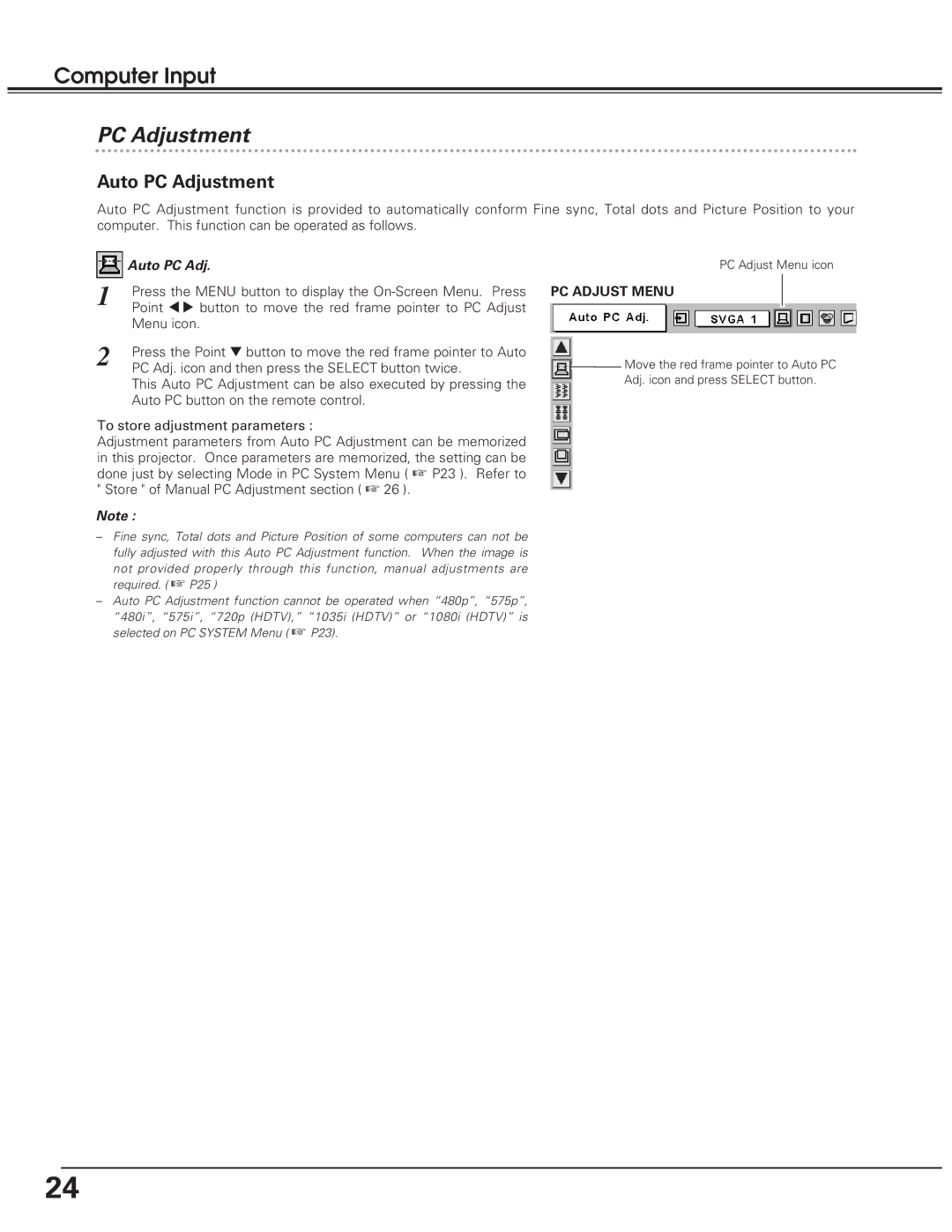 Eiki LC-SD10 owner manual Auto PC Adjustment, PC Adjust Menu 