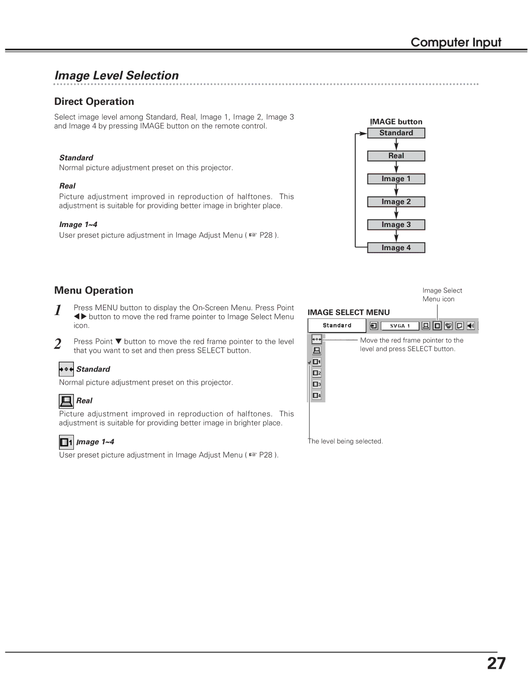 Eiki LC-SD10 owner manual Image Level Selection, Direct Operation, Menu Operation 